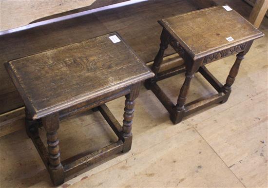 Pair 17th century style oak joint stools, approx. 4in & 9in.